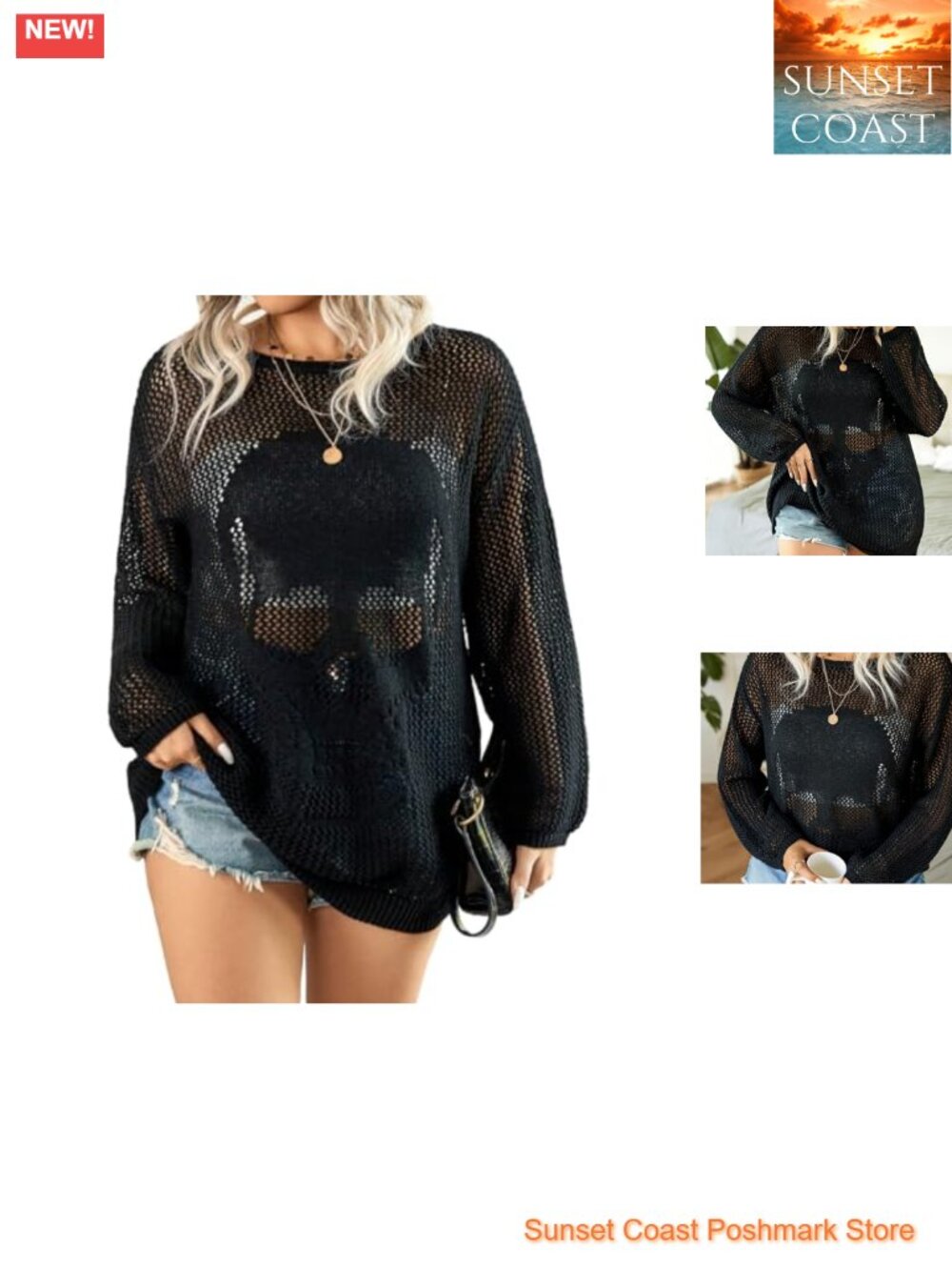Plus Size Sheer See Through Long Sleeve Skull Pattern Knit Pullover Sweater